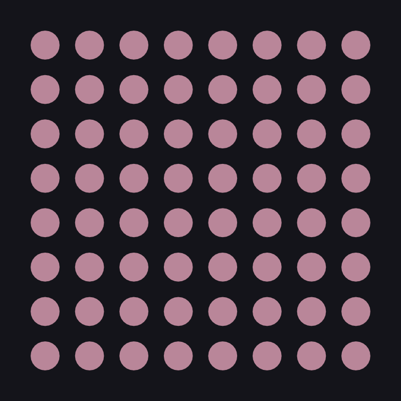 An 8x8 grid of circles in a dusty rose, caught halfway through a crossfade between a blue cue and a red one